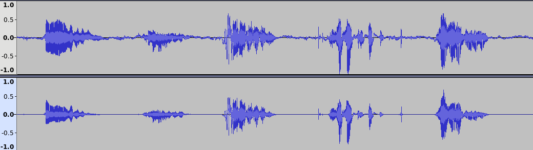 A screenshot of Audacity with two sound tracks showing the noise cancellation function