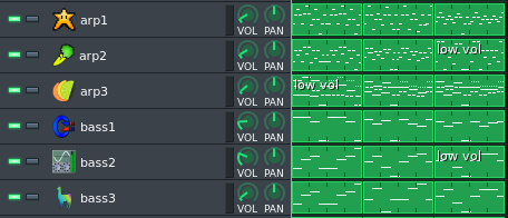 A screenshot showing a the Sequencer in LMMS with a few tracks having low volume